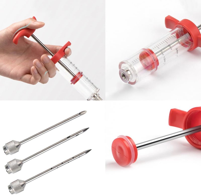 Mikim Turkey Injector Syringe Set for Seasoning, Plastic Meat Injectors for Smoking BBQ Grill, Marinade Injector Kit with 3 Stainless Steel Syringe Needles, Red 1 oz - Image 3